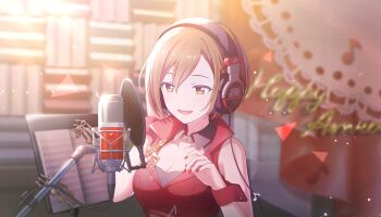 1girl black_collar blurry blurry_background blush breasts brown_eyes brown_hair cleavage collar colorful_palette detached_collar fingernails game_cg hair_between_eyes happy_anniversary headphones highres large_breasts meiko_(vocaloid) microphone musical_note musical_staff nail_polish official_art project_sekai red_nails red_wrist_cuffs short_hair smile solo studio_microphone third-party_source tongue triangle vocaloid wrist_cuffs