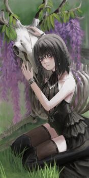 1girl absurdres animal_skull bare_shoulders black_dress black_hair blush bone bracelet braid collarbone dress expressionless flower frilled_dress frills gold_can grass highres jewelry kneeling leaf necklace original purple_eyes see-through_clothes see-through_thighhighs solo thighhighs wisteria