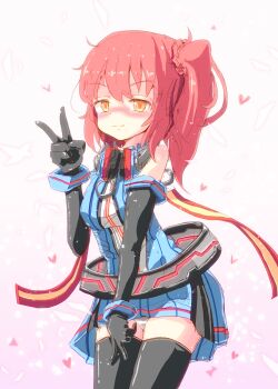 1girl absurdres android black_gloves black_thighhighs blue_dress blue_wrist_cuffs blush breasts dress elbow_gloves emil_chronicle_online gloves heart highres killer_machine_alma kitune47 medium_breasts nose_blush panties red_hair side_ponytail solo spoken_heart thighhighs underwear v white_panties wrist_cuffs yellow_eyes