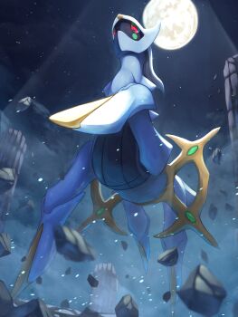 absurdres arceus commentary_request debris full_moon gen_4_pokemon highres legendary_pokemon looking_at_viewer looking_down moon mythical_pokemon night nintendo no_humans pokemon pokemon_(creature) red_eyes ririri_(user_rkrv7838) solo star_(symbol)