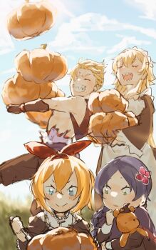 1boy 3girls blonde_hair blue_eyes blue_hair braid closed_eyes frederica_baumann garfiel_tinsel green_eyes hair_between_eyes hair_ornament halloween maid meili_portroute multiple_girls petra_leyte plushie pumpkin pumpkin_carving re:zero_kara_hajimeru_isekai_seikatsu ribbon roswaal_mansion_maid_uniform sharp_teeth smile teeth