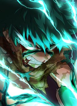 1boy blood boku_no_hero_academia green_eyes green_hair highres male_focus midoriya_izuku scar scar_on_arm scar_on_face seoltang_(nitro_sugar) short_hair solo teeth