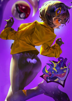 !? 1girl aged_up ass black_bodysuit black_gloves black_hair black_shoes blurry blurry_foreground bodysuit bodysuit_under_clothes breasts brown_jacket commentary cowlick dark-skinned_female dark_skin emma_(pokemon) facing_to_the_side gen_6_pokemon gloves hair_between_eyes hair_ornament highres indol inset jacket latex latex_bodysuit looking_at_viewer malamar medium_breasts nintendo poke_ball poke_ball_(basic) pokemon pokemon_(creature) pokemon_legends:_z-a purple_background purple_eyes revision shoes short_hair sidelocks simple_background solo_focus standing standing_on_one_leg swept_bangs tentacles