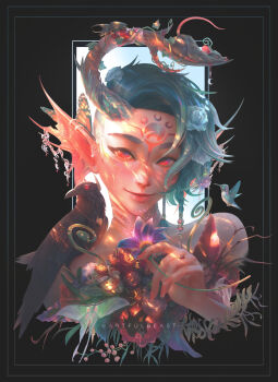 1girl absurdres artist_name bare_shoulders beetle bird black_background bug butterfly closed_mouth collarbone commentary crow earrings english_commentary eyelashes fantasy fins flower forehead_tattoo gills green_hair hair_flower hair_ornament head_fins highres holding holding_flower horns insect jewelry kolibri ladybug leaf lips looking_at_viewer mouse_(animal) nose original paul_nong pink_nails portrait red_eyes short_hair signature single_horn smile solo tattoo