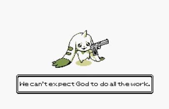 animated digimon digimon_(creature) digimon_tamers drop_shadow english_text fallout fallout:_new_vegas full_body green_eyes gun handgun holding holding_gun holding_weapon horns kam2d looping_animation no_humans open_mouth pistol pixel_art simple_background single_horn source_quote standing standing_on_one_leg tagme terriermon video video_game_dialogue_box weapon white_background