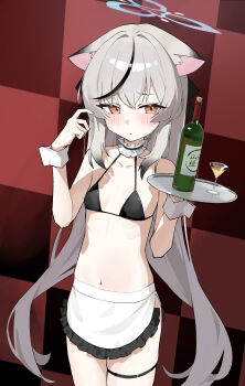 1girl absurdres alternate_costume animal_ears apron bare_arms bare_shoulders bikini black_background black_bikini black_bow black_hair blue_archive blue_halo blush bottle bow brown_eyes checkered_background choker commentary cowboy_shot dot_nose ears_down embarrassed enmaided frilled_apron frilled_bikini frilled_choker frills grey_hair hair_between_eyes hair_bow halo hands_up highres holding holding_plate kaminari_(edeath) kokona_(blue_archive) long_hair looking_at_viewer maid maid_apron maid_bikini multicolored_hair navel plate raised_inner_eyebrows sake_bottle sidelocks skindentation skinny solo standing stomach streaked_hair swimsuit tearing_up thigh_strap thighs tiger_ears tiger_girl unconventional_maid very_long_hair waist_apron white_apron white_background white_wrist_cuffs wrist_cuffs