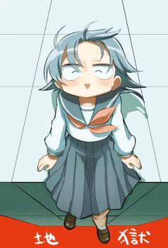 Rule 34 | blush, closed eyes, from above, fuwaku wakuko, grey hair, grey sailor collar, grey skirt, grief loss, highres, loafers, long sleeves, medium skirt, neckerchief, no nose, original, pink neckerchief, sailor collar, school uniform, serafuku, shirt, shoes, sitting, skirt, triangle mouth, white shirt