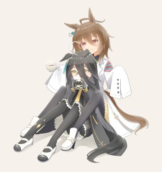 Rule 34 | 2girls, absurdres, agnes tachyon (tach-nology) (umamusume), agnes tachyon (umamusume), ahoge, animal ears, black coat, black gloves, black hair, black pantyhose, black shirt, black skirt, blush, boots, brown hair, chemical structure, closed mouth, coat, coffee, coffee mug, collared shirt, cup, drinking, ear tag, earrings, gloves, hair between eyes, highres, holding, holding cup, horse ears, horse girl, horse tail, jewelry, lab coat, long bangs, long hair, long hair between eyes, long sleeves, manhattan cafe (creeping shadow) (umamusume), manhattan cafe (umamusume), mug, multiple girls, necktie, pantyhose, re1m1, red eyes, shirt, shoes, simple background, single earring, sitting, skirt, sleeves past fingers, sleeves past wrists, smile, steaming cup, sweater, sweater vest, tail, tea, teacup, umamusume, white boots, white coat, white hair, wolf cut, yellow eyes, yellow necktie, yellow sweater, yellow sweater vest