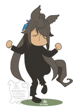 Rule 34 | 1girl, alternate costume, animal ears, artist name, black pants, black shirt, black shoes, brown hair, chibi, closed eyes, cross hair ornament, dancing, dark-skinned female, dark skin, ear ornament, eyelashes, hair ornament, high ponytail, horse ears, horse tail, leg up, long hair, long sleeves, loose hair strand, no mouth, onikobe rin, pants, ponytail, shirt, shoes, signature, simple background, solo, split ponytail, symboli kris s (umamusume), tail, umamusume, very long hair, watermark, white background