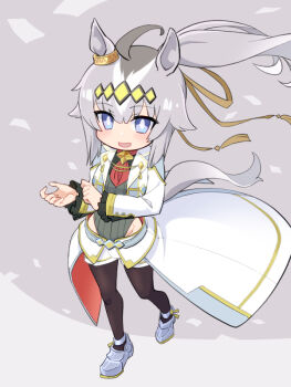 Rule 34 | 1girl, ahoge, animal ears, black leggings, black pantyhose, blue eyes, blush, breasts, brooch, clothing cutout, cropped jacket, ear ornament, grey hair, grey leotard, grey tail, hair between eyes, hair ornament, hair ribbon, hairband, hip vent, horse ears, horse girl, horse tail, jacket, jewelry, leggings, leggings under shorts, leotard, long hair, long sleeves, multicolored hair, neckerchief, nino (ninouchi irazu), official alternate costume, oguri cap (cinderella gray) (umamusume), oguri cap (umamusume), open mouth, overskirt, pantyhose, pantyhose under shorts, ponytail, red neckerchief, ribbon, shirt, shoes, shorts, smile, solo, star brooch, tail, umamusume, umamusume: cinderella gray, white jacket, white shorts
