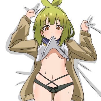 1girl arms_up bashame_meme bed bed_sheet biting biting_clothes black_panties blue_sailor_collar breasts brown_eyes brown_sweater clothes_lift cowboy_shot dot_nose downturned_eyes embarrassed eyebrows_hidden_by_hair female_focus green_hair lifting_own_clothes looking_down lying medium_hair on_back on_bed one_(pixiv92832278) open_clothes open_sweater panties petite sailor_collar sheet_grab shikanoko_nokonoko_koshitantan shirt shirt_lift small_breasts solo straight-on sweater underwear white_shirt