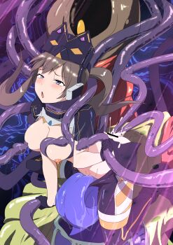 1girl absurdres anal ass autocunnilingus blush breast_sucking breasts brown_hair chestnut_mouth consensual_tentacles cum cum_overflow cunnilingus double_penetration duel_monster highres i:p_masquerena interspecies large_breasts long_hair masturbation nipples oral purple_eyes restrained strangling tears tentacle_grab tentacles tongue torn_clothes yu-gi-oh! zasshoku_ojisan