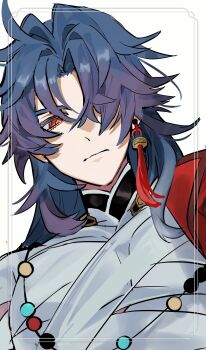 1boy absurdres bandaged_chest bandages blade_(honkai:_star_rail) closed_mouth dutch_angle earrings highres honkai:_star_rail honkai_(series) inset_border jacket jewelry male_focus necklace one_eye_covered piercing portrait r_moonl red_eyes red_jacket simple_background single_earring solo tassel tassel_earrings white_background