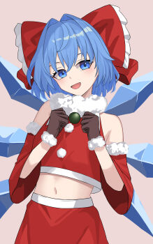 1girl absurdres alternate_costume blue_hair bow brown_gloves cirno commentary_request cowboy_shot detached_sleeves detached_wings flat_chest fur-trimmed_gloves fur-trimmed_sleeves fur_trim gloves hair_bow highres ice ice_wings midriff navel nibanboshi_(2banb0sh1) open_mouth red_bow red_sleeves santa_costume smile solo touhou wings