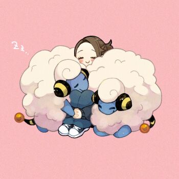 1girl black_sleeves blue_pants blush brown_hair closed_eyes closed_mouth fluffy gen_2_pokemon gu_gu12435 harmony_(pokemon) highres hugging_own_legs jacket long_sleeves mareep nintendo pants pokemon pokemon_(creature) pokemon_legends:_z-a sheep shoes smile tail wool