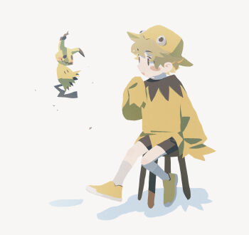 1boy 50-nin_craft absurdres black_shorts blonde_hair blouse blush_stickers child crossover dolupin526 floating gen_7_pokemon hat highres male_focus mimikyu minecraft_youtube namegata neet_club nintendo no_lineart on_stool pokemon pokemon_(creature) shadow shirt shoes short_shorts shorts simple_background sitting sleeves_past_fingers sleeves_past_wrists wariza white_background yellow_hat yellow_shirt yellow_shoes