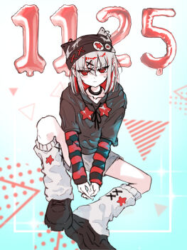 1girl absurdres alternate_costume arm_warmers balloon beanie black_hat black_hoodie black_shoes closed_mouth colored_inner_hair commentary_request full_body grey_hair hair_ornament hat highres hood hood_down hoodie knee_up leg_warmers long_sleeves looking_at_viewer mahou_shoujo_no_majo_saiban multicolored_hair red_eyes shito_alisa shoes short_hair sitting solo star_(symbol) striped_sleeves tentan_(10tan_a) x_hair_ornament