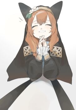 Rule 34 | 1girl, ^ ^, absurdres, ainkun, animal ear headwear, armband, blue archive, blush, braid, closed eyes, facing viewer, fake animal ears, female focus, flower, frilled sleeves, frills, grin, habit, hair between eyes, hands up, hat, hat flower, highres, interlocked fingers, light blush, long hair, long sleeves, mari (blue archive), nun, orange hair, praying, puffy sleeves, simple background, single braid, smile, solo, upper body, white background