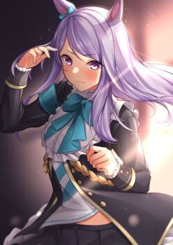 Rule 34 | 1girl, absurdres, animal ears, aqua bow, aqua ribbon, armband, black jacket, black skirt, blue armband, blush, bow, bowtie, closed mouth, coat, commentary request, ear bow, ear ribbon, frilled coat, frilled jacket, frills, highres, horse ears, horse girl, jacket, long hair, long sleeves, looking at viewer, mejiro mcqueen (frontline elegance) (umamusume), mejiro mcqueen (umamusume), mr2d, pleated skirt, purple eyes, purple hair, ribbon, shirt, skirt, solo, striped clothes, striped shirt, umamusume