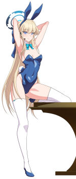 adama0s0284 animal_ears aqua_bow aqua_bowtie arms_behind_head blonde_hair blue_archive blue_eyes blue_footwear blue_halo blue_leotard bow bowtie breasts closed_mouth covered_navel earpiece fake_animal_ears fake_tail full_body halo high_heels highleg highleg_leotard highres leotard long_hair looking_at_viewer playboy_bunny sidelocks small_breasts strapless strapless_leotard table tail thighhighs toki_(blue_archive) toki_(bunny)_(blue_archive) very_long_hair white_thighhighs