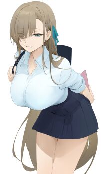 1girl absurdres asuna_(blue_archive) asuna_(school_uniform)_(blue_archive) bag black_bag blue_archive blue_eyes blue_ribbon blue_skirt breasts cleavage collared_shirt cowboy_shot dokshuri grin hair_over_one_eye hair_ribbon highres holding holding_bag large_breasts light_brown_hair long_hair no_halo partially_unbuttoned pleated_skirt ribbon school_uniform shirt skirt smile solo very_long_hair white_background white_shirt