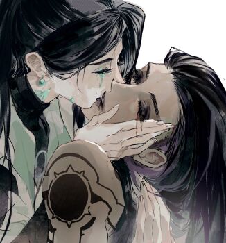 Rule 34 | 2girls, bare shoulders, black hair, blood, bloody tears, dark-skinned female, dark skin, earrings, grzb30446, hand on another's cheek, hand on another's face, highres, jewelry, kiss, multiple girls, portrait, reyna (valorant), sage (valorant), shoulder tattoo, tattoo, valorant, white background, yuri