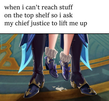 Rule 34 | 1boy, 1girl, black footwear, bonbon (bonesofbeskar), cum, footwear focus, furina (genshin impact), genshin impact, hanging legs, hetero, high heels, highres, implied sex, neuvillette (genshin impact), out of frame, socks, trembling, watermark, white socks