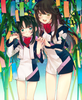 Rule 34 | 2girls, alternate eye color, bad id, bad pixiv id, bamboo, black hair, blush, brown eyes, green eyes, holding hands, long hair, long sleeves, mea3942, minashiro orihime, miniskirt, multiple girls, open mouth, skirt, smile, soukyuu no fafner, tatekami seri, teeth, uniform, vest, yuri