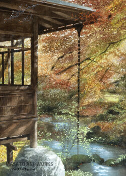 artist_name building commentary_request dappled_sunlight day highres kyoto no_humans original outdoors painting_(medium) rain_chain reflection reflective_liquid scenery signature sunlight traditional_media tree watanabe_masato water watercolor_(medium)