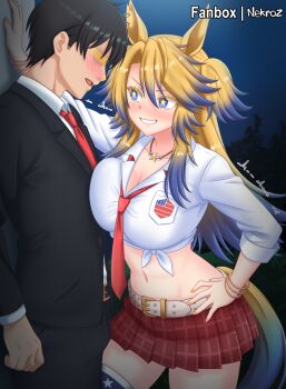 Rule 34 | 1girl, absurdres, amesuku gyaru, belt, blonde hair, blue eyes, blue hair, blush, bracelet, breasts, cleavage, commentary, fanbox username, gyaru, hand on own hip, highres, horse girl, jewelry, kabedon, kogal, large breasts, long hair, looking at viewer, midriff, multicolored hair, navel, necklace, necktie, nekroz7, obey your master (umamusume), open mouth, pleated skirt, red necktie, red skirt, shirt, skirt, standing, star-shaped pupils, star (symbol), star necklace, symbol-shaped pupils, t-head trainer (umamusume), thighs, trainer (umamusume), two-tone hair, two side up, umamusume, umamusume: cinderella gray, white belt, white shirt