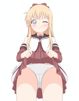 1girl artist_name blonde_hair blue_eyes bow brown_bow brown_dress brown_sailor_collar chrislu07 clothes_lift dress dress_lift from_below hair_bow highres lifting_own_clothes light_blush light_smile loli long_sleeves looking_at_viewer looking_down nanamori_school_uniform one_eye_closed panties sailor_collar sailor_dress school_uniform sidelocks simple_background solo straight_hair thighs toshinou_kyouko underwear vest white_background white_panties white_vest yuruyuri