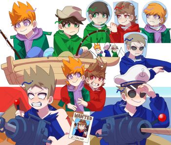 4boys angry animification annoyed antenna_hair arm_around_shoulder bad_id bad_twitter_id bandage_on_cheek blank_eyes blue_hat blue_hoodie blue_pants blush boat bright_pupils brown_hair brown_hat brown_pants bucket_hat clenched_teeth commentary_request denim drawstring edd_(eddsworld) eddsworld eye_contact fishbowl_helmet fishing_rod flipped_hair green_eyes green_hoodie green_jacket grin gun hair_behind_ear hair_ears hand_up harpoon hat holding holding_fishing_rod holding_gun holding_weapon hollow_eyes hood hood_down hoodie house injury jacket jeans long_sleeves looking_at_another male_focus matt_(eddsworld) multiple_boys open_clothes open_jacket orange_hair pants paul_(eddsworld) pointing purple_eyes purple_hoodie red_eyes red_hoodie red_leader_(eddsworld) sailor_hat scene_reference short_hair signature simple_background sitting smile spiked_hair swept_bangs tears teeth teru_(teru_0705m) tom_(eddsworld) tord_(eddsworld) torn_clothes torn_hoodie wanted_poster watercraft weapon white_background white_pupils
