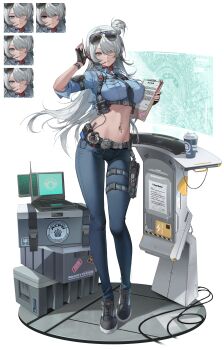 Rule 34 | absurdres, black gloves, black necktie, blue eyes, blue pants, blue shirt, breast pocket, cable, chest belt, clipboard, collar, commentary, computer, crate, crop top, cross, cuffs, cup, dark-skinned female, dark skin, disposable coffee cup, disposable cup, english text, expression chart, eyewear on head, fingerless gloves, full body, gloves, grey hair, hair bun, hair over one eye, handcuffs, headset, heterochromia, highres, holding, holding clipboard, holster, laptop, long hair, metal floor, midriff, multiple expressions, navel piercing, necktie, original, pants, paper, pen, piercing, pocket, police badge, red collar, shirt, simple background, single side bun, ssssss shark, standing, sunglasses, thigh holster, untranslatable commentary, walkie-talkie, watch, white background, wristwatch, yellow eyes