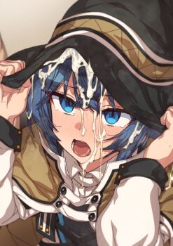 1girl ahoge blue_eyes blue_hair blush bukkake cum cum_in_clothes cum_in_container cum_in_headwear cum_on_body cum_on_hair cum_on_upper_body erere facial hair_between_eyes hat holding holding_unworn_clothes holding_unworn_hat long_hair mushoku_tensei open_mouth roxy_migurdia simple_background solo unworn_hat unworn_headwear witch_hat