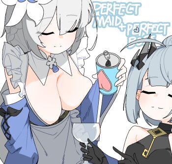 2girls ahoge ahoge_wag animated animated_gif apron black_dress black_gloves blue_kimono breasts can cleavage closed_mouth cocktail_dress commentary_request cup decantering detached_sleeves dress drink_can drinking_glass dthmns english_text expressive_hair failure female_tyrant_(stella_sora) frilled_apron frills gloves hair_bun halter_dress halterneck holding holding_cup japanese_clothes jewelry key key_necklace kimono korean_commentary large_breasts long_sleeves maid_apron mole mole_under_eye multiple_girls necklace official_alternate_costume otoha_(stella_sora) pointy_ears pouring sleeveless sleeveless_dress smile soda soda_can stella_sora tyrant_(stella_sora) waist_apron wide_sleeves wine_glass