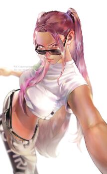Rule 34 | 1girl, closed mouth, crop top, eyelashes, hashtag-only commentary, highres, kpop demon hunters, long hair, makeup, mascara, mira (kpop demon hunters), navel, pink hair, shirt, sidelocks, simple background, smile, solo, sunglasses, t-shirt, twintails, twitter username, white background, white shirt, yangchinnom