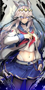 1girl absurdres ahoge animal_ears belt black_pantyhose blanace blue_eyes blue_sailor_collar breasts brooch commentary_request ear_ornament eye_trail grey_belt grey_hair grey_tail hair_between_eyes hair_ornament hairband highres horse_ears horse_girl horse_tail jacket jewelry light_trail long_hair long_sleeves looking_at_viewer medium_breasts midriff multicolored_hair navel neckerchief oguri_cap_(starlight_beat)_(umamusume) oguri_cap_(umamusume) panty_straps pantyhose red_neckerchief sailor_collar shirt skirt solo star_brooch tail umamusume umamusume:_cinderella_gray white_jacket white_shirt white_skirt