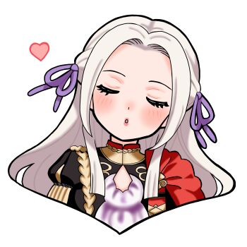 1girl absurdres blush edelgard_von_hresvelg fire_emblem fire_emblem:_three_houses frills garreg_mach_monastery_uniform hair_ribbon heart highres incoming_kiss kiss long_hair nekomoni nintendo pursed_lips ribbon solo sticker white_hair