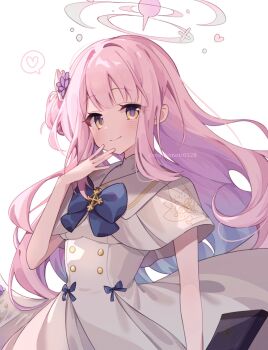 1girl aqua_hair blue_archive blue_bow blush bow breasts buttons capelet closed_mouth double-breasted dress feathered_wings flower gold_trim gradient_hair hair_flower hair_ornament halo heart highres long_hair looking_at_viewer low_wings mika_(blue_archive) mochimoti0528 multicolored_hair pink_hair pink_halo purple_flower simple_background smile solo speech_bubble spoken_heart twitter_username white_background white_capelet white_dress white_wings wings yellow_eyes