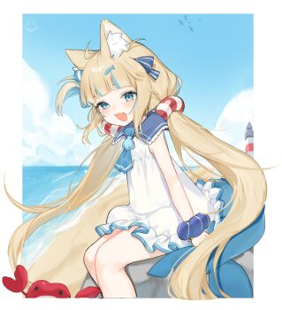 Rule 34 | 1girl, :d, ahoge, animal ear fluff, animal ears, beach, bird, blonde hair, blue eyes, blue hair, blue neckerchief, blue sky, blue streaks, border, cat ears, cloud, cloudy sky, commentary, crab, day, dress, fang, feet out of frame, fins, fish girl, fish tail, floating hair, frilled dress, frills, highres, indie virtual youtuber, jadelin, kaniki (sameko saba), leaning forward, lifebuoy hair ornament, lighthouse, long hair, looking at viewer, low twintails, multicolored hair, neckerchief, necktie, one side up, open mouth, outdoors, outside border, rock, sailor collar, sameko saba, sand, scrunchie, seashell, shark girl, shark tail, shell, simple fish, sitting, skin fang, sky, sleeveless, sleeveless dress, smile, solo, streaked hair, tail, twintails, very long hair, virtual youtuber, water, white border, white dress, wrist scrunchie