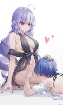 2girls absurdres ahoge alternate_costume babydoll bare_shoulders belle_(zenless_zone_zero) black_babydoll black_nails blue_hair breasts closed_mouth hand_on_another&#039;s_head hand_on_another&#039;s_thigh headpat heart highres long_hair looking_at_another mole mole_under_eye multiple_girls navel pointy_ears purple_hair red_eyes seiza short_hair simple_background sitting stomach swkl:d vivian_banshee white_background yuri zenless_zone_zero