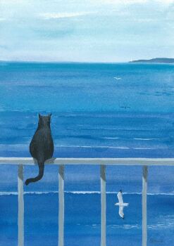 animal animal_focus bird black_cat blue_sky cat day fence goma_ramen_(gomaramen888) hashtag-only_commentary highres no_humans ocean original outdoors seagull sky