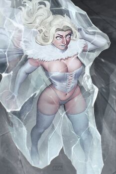 1girl artist_name blonde_hair blue_lips boots breasts cape cleavage commentary commission elbow_gloves emma_frost english_commentary frozen fur-trimmed_cape fur_trim gloves grey_background hand_in_own_hair highres ice large_breasts large_nose lipstick long_hair makeup marvel navel panties pepedraws solo surprised thigh_boots thong thong_panties underwear white_bodice white_boots white_cape white_gloves white_panties wide-eyed x-men