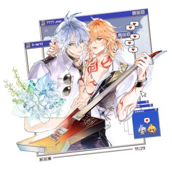 2boys abs alternate_costume antenna_hair arm_tattoo black_choker blonde_hair blue_eyes bouquet braid chest_tattoo choker collared_shirt commentary_request earrings effervescence_x electric_guitar eyewear_hang facial_tattoo flower gold_earrings gradient_hair guitar heart highres holding holding_bouquet holding_guitar holding_instrument honkai:_star_rail honkai_(series) instrument jewelry korean_commentary male_focus medium_hair mouth_hold multicolored_hair multiple_boys mydei_(alternate_spacetime)_(honkai:_star_rail) mydei_(honkai:_star_rail) open_clothes open_shirt parted_bangs phainon_(alternate_spacetime)_(honkai:_star_rail) phainon_(honkai:_star_rail) pilot_uniform plectrum plectrum_in_mouth red_hair red_tattoo shirt short_hair side_braid spoken_heart tattoo toned toned_male unworn_eyewear white_hair white_shirt yaoi yellow_eyes