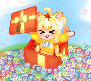 Rule 34 | > <, 1girl, :o, ahoge, animal ears, blonde hair, box, chromashift, closed eyes, cropped hoodie, didier3.00, fang, floral background, gift, gift box, highres, hood, hoodie, in box, in container, long hair, long sleeves, open mouth, self-upload, shabel tonya, sky, solo, tiger girl, virtual youtuber