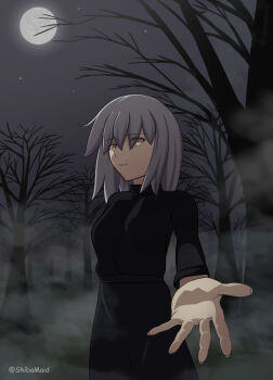1girl absurdres dark darkness evil_grin evil_smile forest grin highres moon nature night offering_hand orange_eyes purple_hair sky smile white_hair yellow_eyes