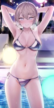 1girl absurdres armpits arms_behind_head azur_lane ball bellona_(azur_lane) bikini breasts breath collarbone commentary_request cowboy_shot gluteal_fold grey_eyes hair_between_eyes highres jyu-so large_breasts looking_at_viewer navel night outdoors palm_tree pool short_hair side-tie_bikini_bottom silver_bikini solo stomach swimsuit tree underboob very_short_hair water wet
