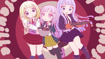 Rule 34 | 3girls, :o, ahoge, akamatsu kaede, black gloves, black ribbon, black thighhighs, blonde hair, blush, boots, braid, brown skirt, collared shirt, commentary request, d:, danganronpa: trigger happy havoc, danganronpa (series), danganronpa 2: goodbye despair, danganronpa v3: killing harmony, derivative work, dress shirt, food, gloves, hair ribbon, hand up, happy mille-feuille (idolmaster), highres, holding, holding food, hood, hood down, jacket, kirigiri kyoko, long hair, long sleeves, looking at viewer, medium hair, misa (usaginosakura), multiple girls, musical note, musical note print, nanami chiaki, necktie, open clothes, open jacket, open mouth, parody, pink eyes, pink shoes, pleated skirt, purple jacket, purple skirt, red background, red necktie, red skirt, ribbon, shirt, shoes, skirt, sweat, thighhighs, two-tone shirt, white shirt