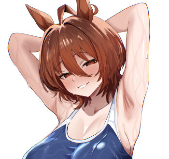 Rule 34 | 1girl, absurdres, agnes tachyon (umamusume), ahoge, animal ears, arms behind head, arms up, blue one-piece swimsuit, blush, breasts, brown hair, cleavage, commentary, hair between eyes, highres, horse ears, horse girl, huge ahoge, large breasts, looking at viewer, medium hair, one-piece swimsuit, red eyes, rumina runa, school swimsuit, simple background, smile, solo, sweat, swimsuit, tracen swimsuit, umamusume, white background