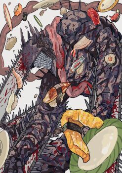 1boy blood blood_on_arm blood_on_face chainsaw chainsaw_devil chainsaw_man commentary_request feet_out_of_frame fish fish_(food) food highres male_focus nigirizushi nori_(seaweed) omelet plate salmon sharp_teeth shoulder_spikes shrimp solo spikes sukesukeburger sushi tamagoyaki teeth white_background